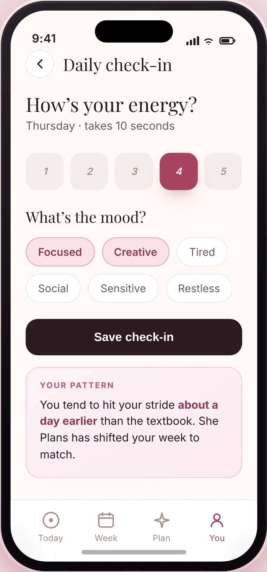 She Plans check-in screen: energy and mood in ten seconds.
